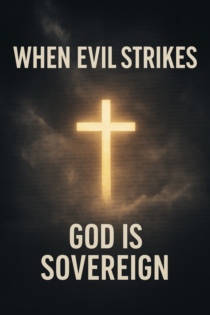 Glowing golden cross breaking through dark storm clouds with faint blurred newspaper headlines in the background, symbolizing God’s sovereignty shining through tragedy and offering hope in Christ.