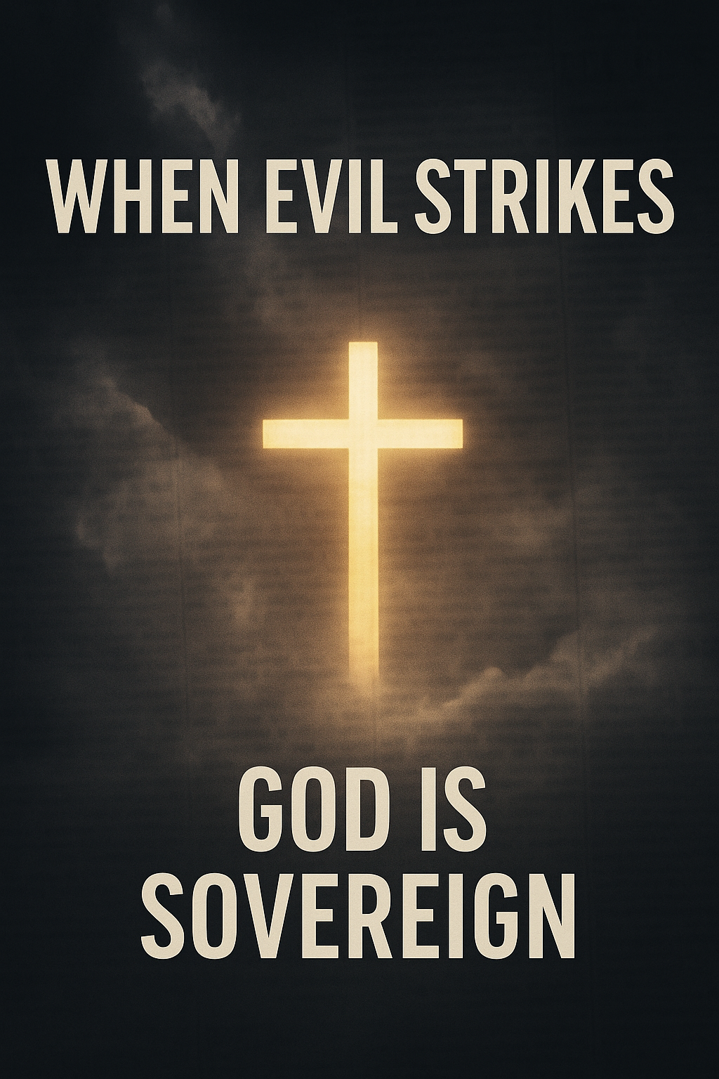 Glowing golden cross breaking through dark storm clouds with faint blurred newspaper headlines in the background, symbolizing God’s sovereignty shining through tragedy and offering hope in Christ.