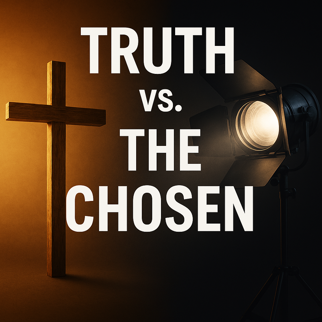 Wooden cross contrasted with bright stage spotlight fading into shadows, symbolizing the difference between Scripture’s truth and entertainment portrayals like The Chosen.