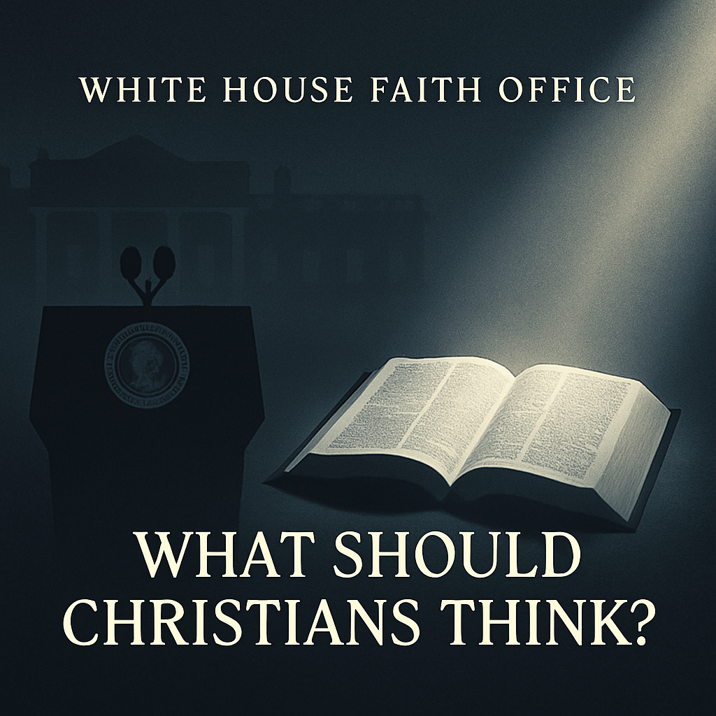 White House podium silhouette and faint building outline contrasted with an open Bible glowing under a beam of light, raising questions about the White House Faith Office and Christian engagement.