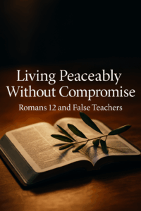 Open Bible with olive branch across its pages and overlay text “Living Peaceably Without Compromise, Romans 12 and False Teachers,” symbolizing biblical peace without compromise.