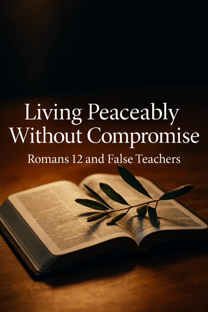 Open Bible with olive branch across its pages and overlay text “Living Peaceably Without Compromise, Romans 12 and False Teachers,” symbolizing biblical peace without compromise.
