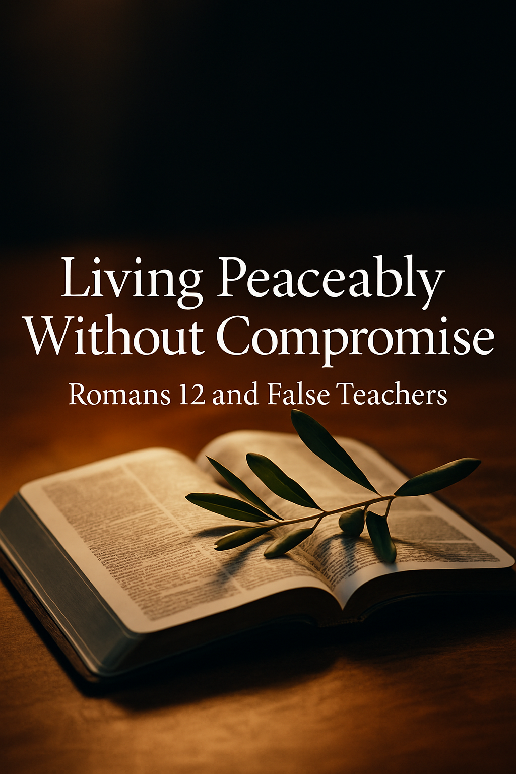 Open Bible with olive branch across its pages and overlay text “Living Peaceably Without Compromise, Romans 12 and False Teachers,” symbolizing biblical peace without compromise.