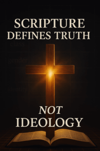 Wooden cross glowing with golden light above an open Bible, with faint cultural categories like race, class, gender, and identity in the background, symbolizing Scripture defining truth over ideology.