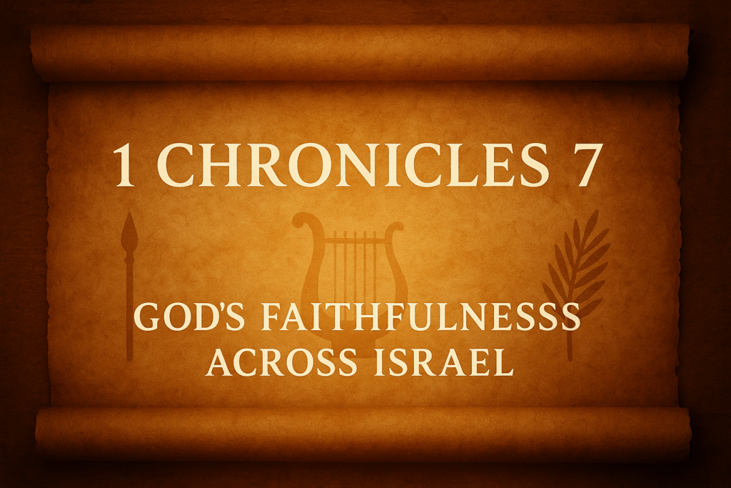 Glowing ancient scroll with tribal symbols, representing God’s faithfulness across Israel’s northern tribes in 1 Chronicles 7.