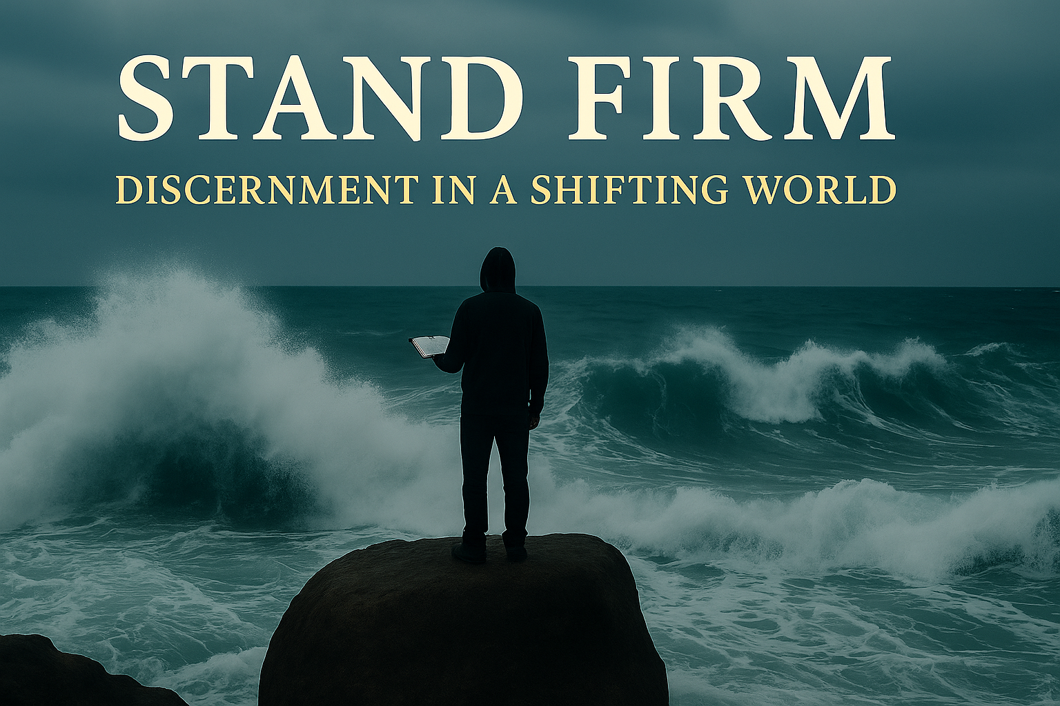 Silhouette of a person standing on a rock by stormy waves, holding an open Bible, with text overlay “Stand Firm, Discernment in a Shifting World,” symbolizing steadfast faith and biblical discernment.