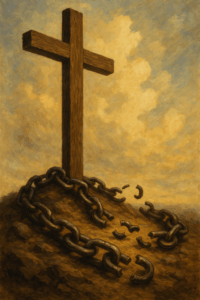 Wooden cross standing on a rocky hill with broken chains at its base, symbolizing freedom and redemption in Christ.