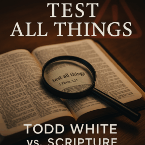 Open Bible with magnifying glass highlighting ‘test all things,’ with a faint warning triangle in the background. Represents biblical discernment when evaluating Todd White’s teaching