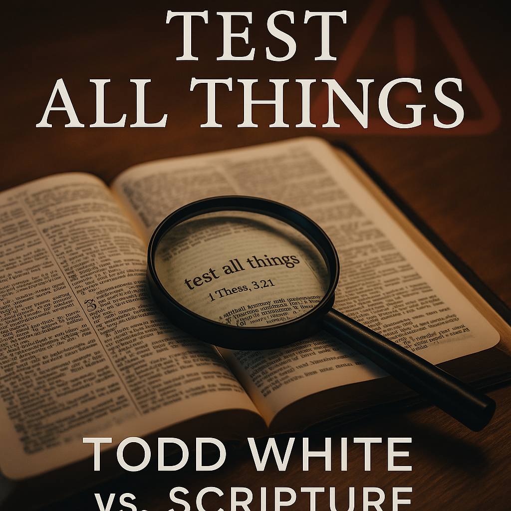 Open Bible with magnifying glass highlighting ‘test all things,’ with a faint warning triangle in the background. Represents biblical discernment when evaluating Todd White’s teaching