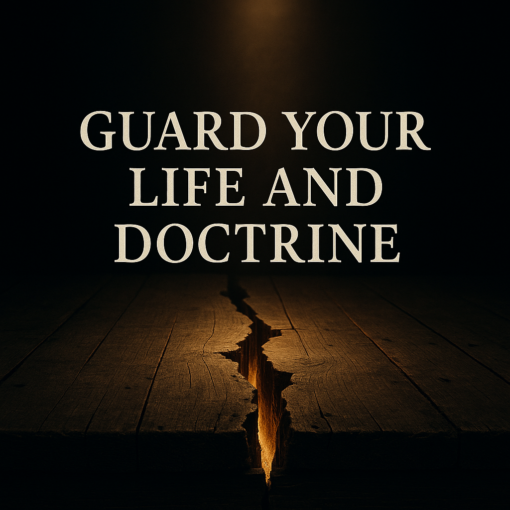 Cracked wooden stage with golden light shining through the split, overlaid with the words “Guard Your Life and Doctrine,” symbolizing the collapse of ministry built on giftedness without holiness.