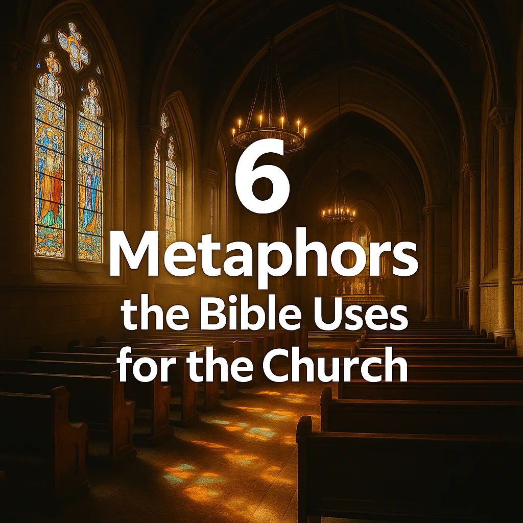 Church interior with stained-glass windows casting golden light across pews, symbolizing God’s temple, with text overlay reading ‘6 Metaphors the Bible Uses for the Church