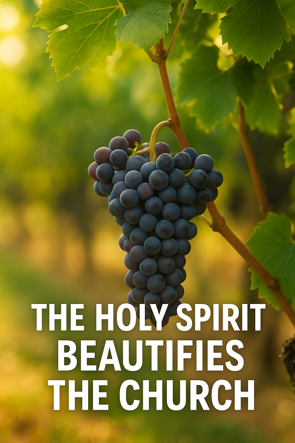 Cluster of ripe grapes on a vine in warm sunlight with bold white overlay text reading ‘The Holy Spirit Beautifies the Church.