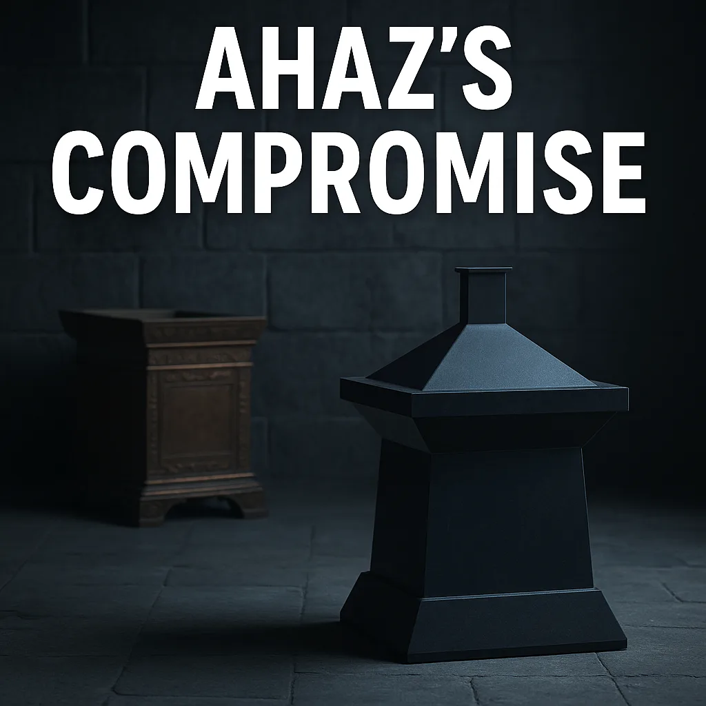 A pagan altar placed in the temple while the bronze altar is pushed aside in shadow, symbolizing King Ahaz’s compromise and corrupted worship in 2 Kings 16.