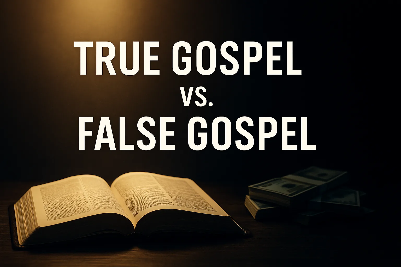 Open Bible glowing with light on the left contrasted with stacks of money in shadow on the right, with bold text reading ‘True Gospel vs. False Gospel,’ symbolizing the biblical gospel versus the prosperity gospel.
