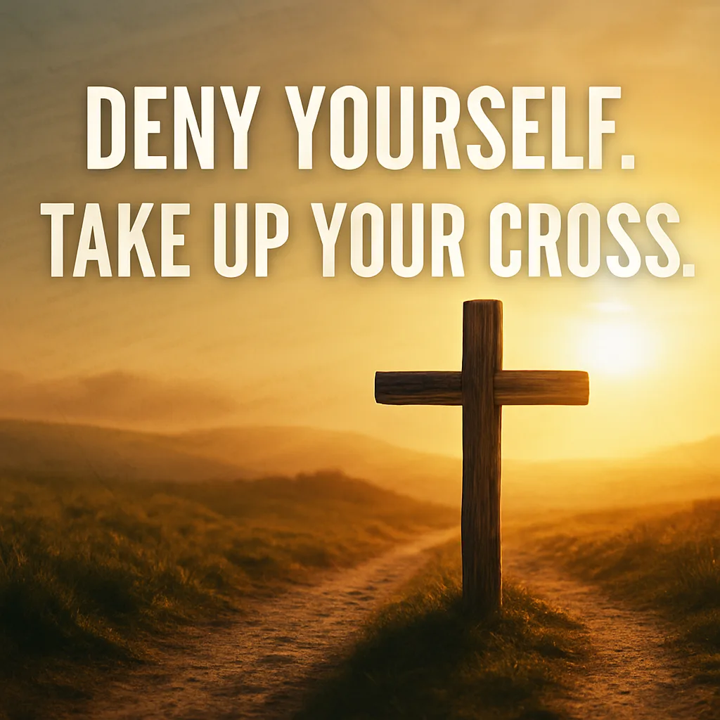 Wooden cross on a narrow dirt path with golden sunlight on the horizon, symbolizing daily discipleship, self-denial, and following Christ.