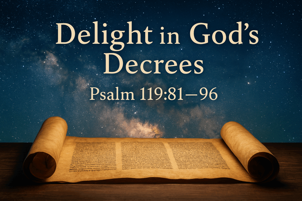Ancient scroll under a starry sky, representing the eternal, unchanging Word of God in Psalm 119:81–96.
