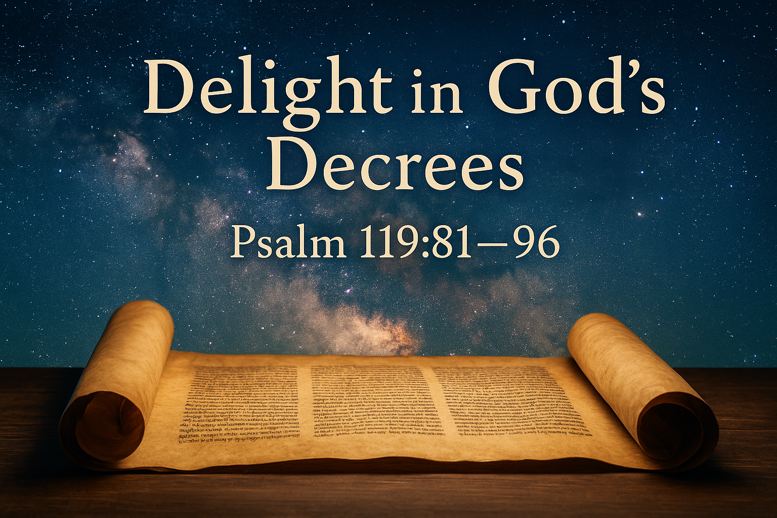 Ancient scroll under a starry sky, representing the eternal, unchanging Word of God in Psalm 119:81–96.