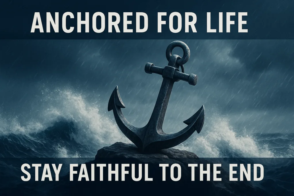 Strong anchor holding firm in a storm, symbolizing lifelong faithfulness in Christ.