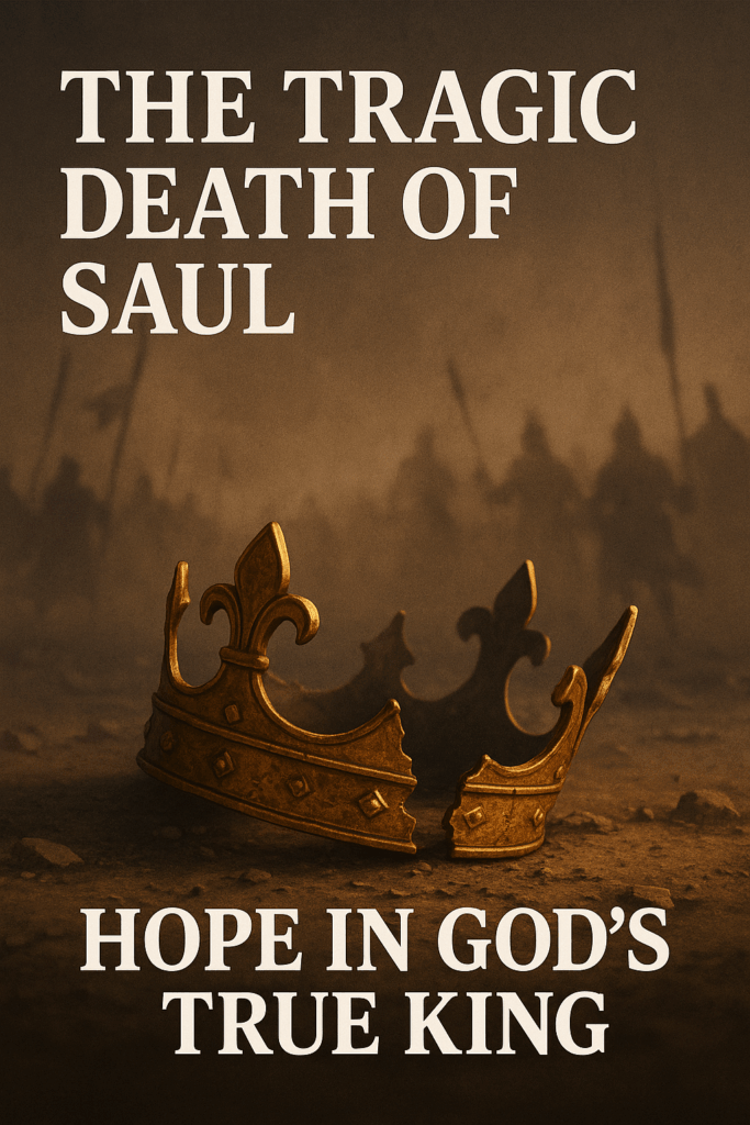 A shattered crown on the battlefield, symbolizing Saul’s tragic end and the hope of God’s true King in 1 Chronicles 10.