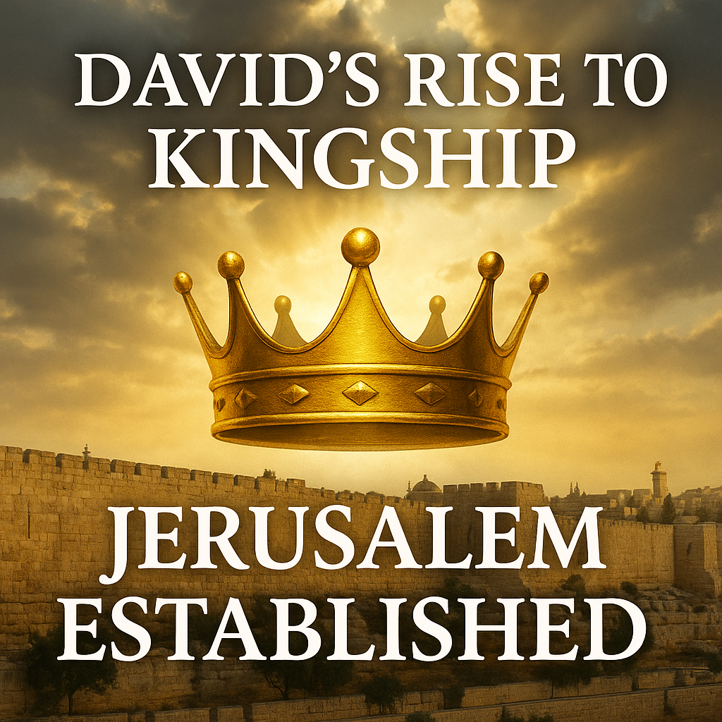 Golden crown above Jerusalem, symbolizing David’s rise and God’s promises in 1 Chronicles 11.