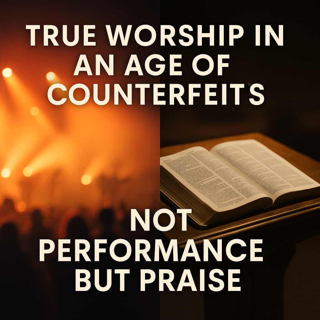 Contrast of stage lights and an open Bible, symbolizing the difference between performance-driven worship and Christ-centered worship.