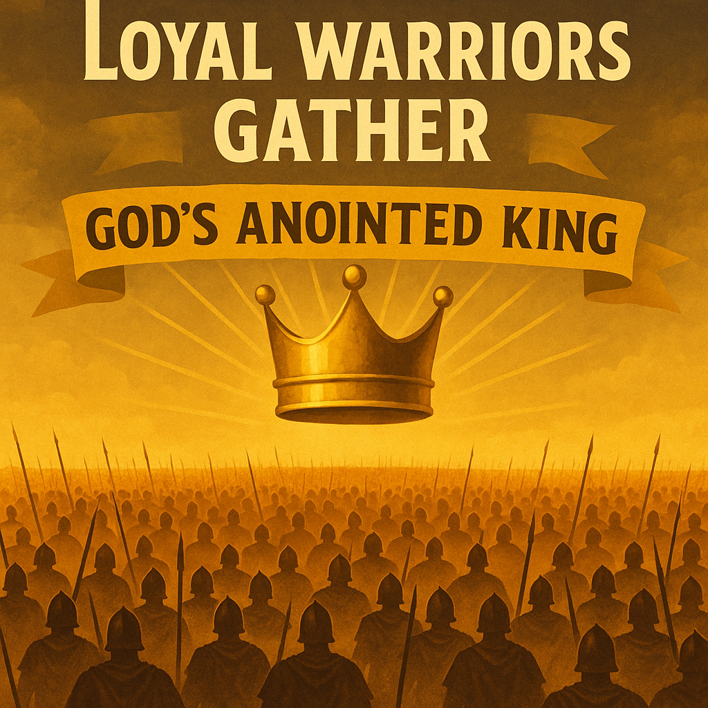 A vast army gathered under a shining crown, symbolizing Israel’s tribes uniting under David in 1 Chronicles 12.