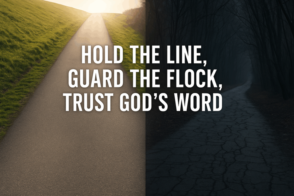 Christians Must Not Share the Stage with False Teachers 1 Two diverging paths, one straight and bright symbolizing sound doctrine, and one crooked and dark symbolizing false teaching.