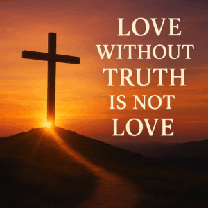 A wooden cross stands on a hilltop at sunrise, casting a beam of light across a narrow path. The sky glows with warm orange and pink tones, with overlaid text reading “Love Without Truth Is Not Love.