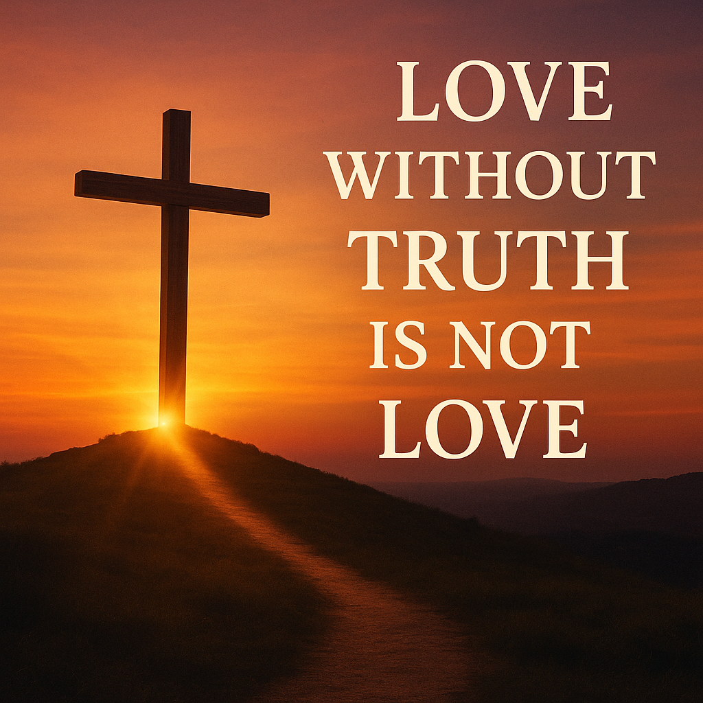 A wooden cross stands on a hilltop at sunrise, casting a beam of light across a narrow path. The sky glows with warm orange and pink tones, with overlaid text reading “Love Without Truth Is Not Love.