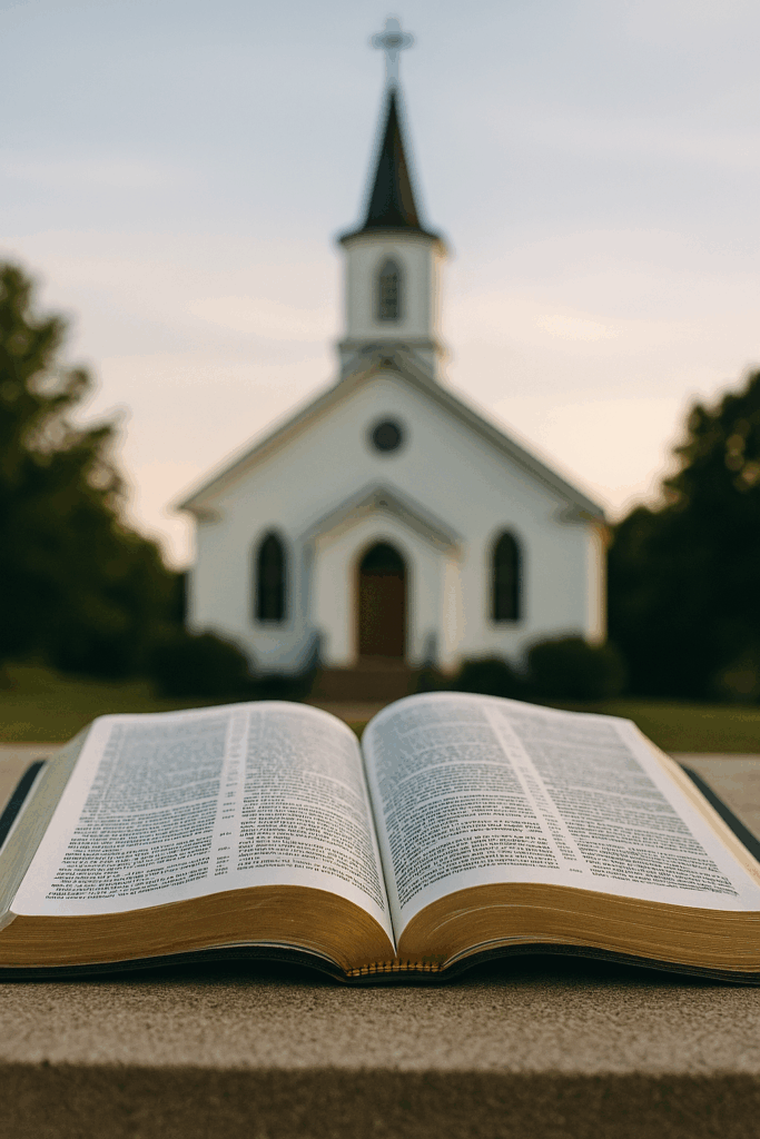 An open Bible with a church in the background, symbolizing Christ’s design for authority, accountability, and ministry in the local church.