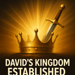A golden crown and sword with radiant light, symbolizing God establishing David’s kingdom and granting victory through His guidance.