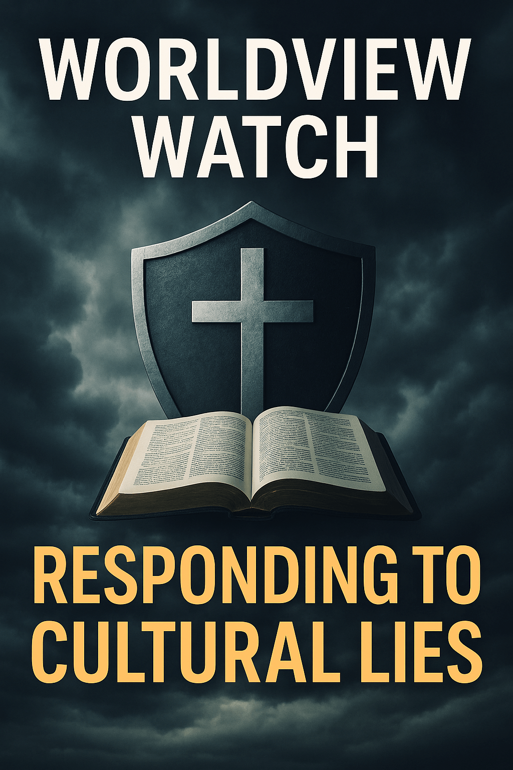 A cross and shield with an open Bible against storm clouds, symbolizing the Christian response to cultural lies with truth and grace.