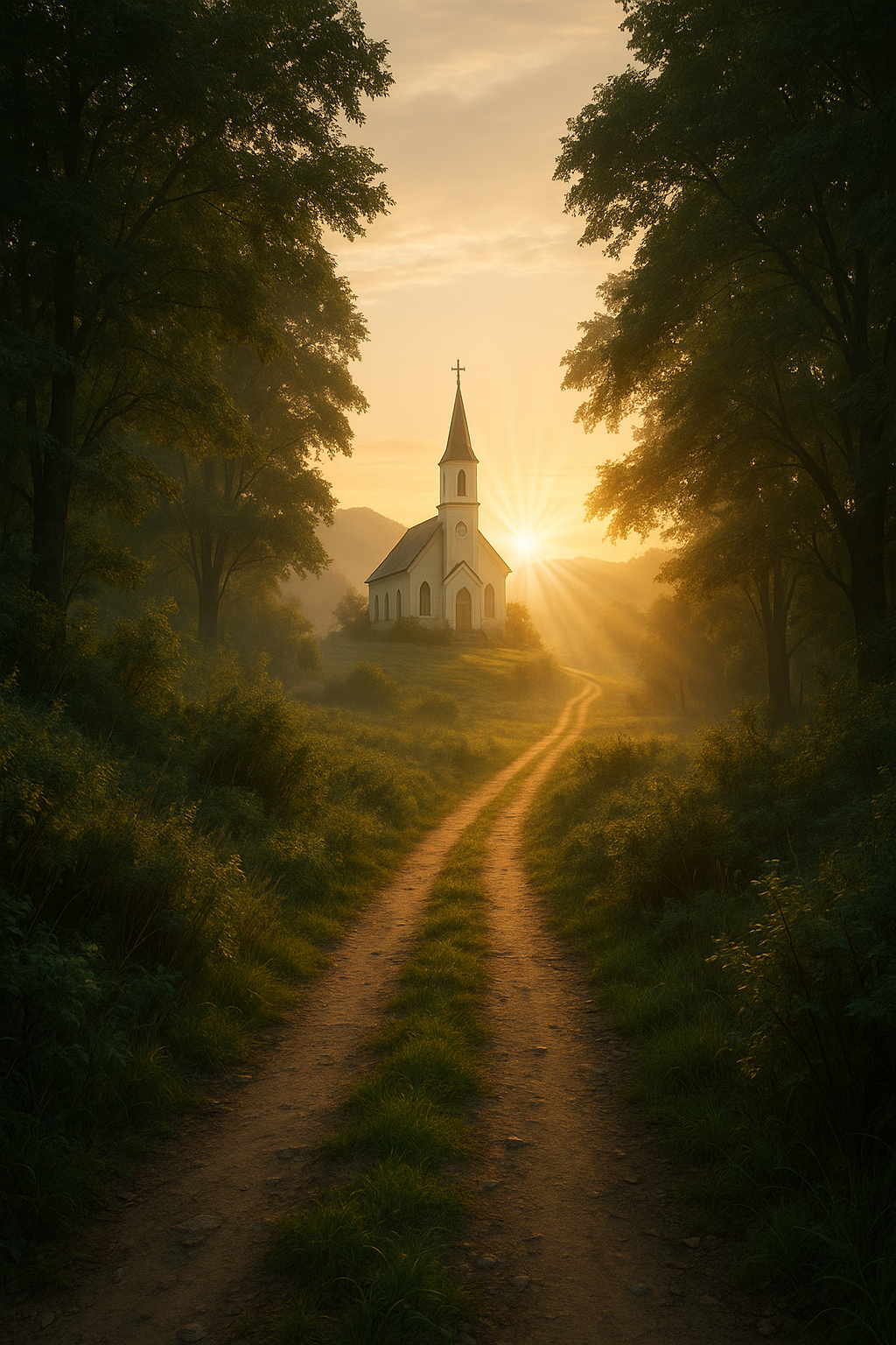 A narrow path lit by light leading to a church, symbolizing the believer’s walk of worship and life in Christ.