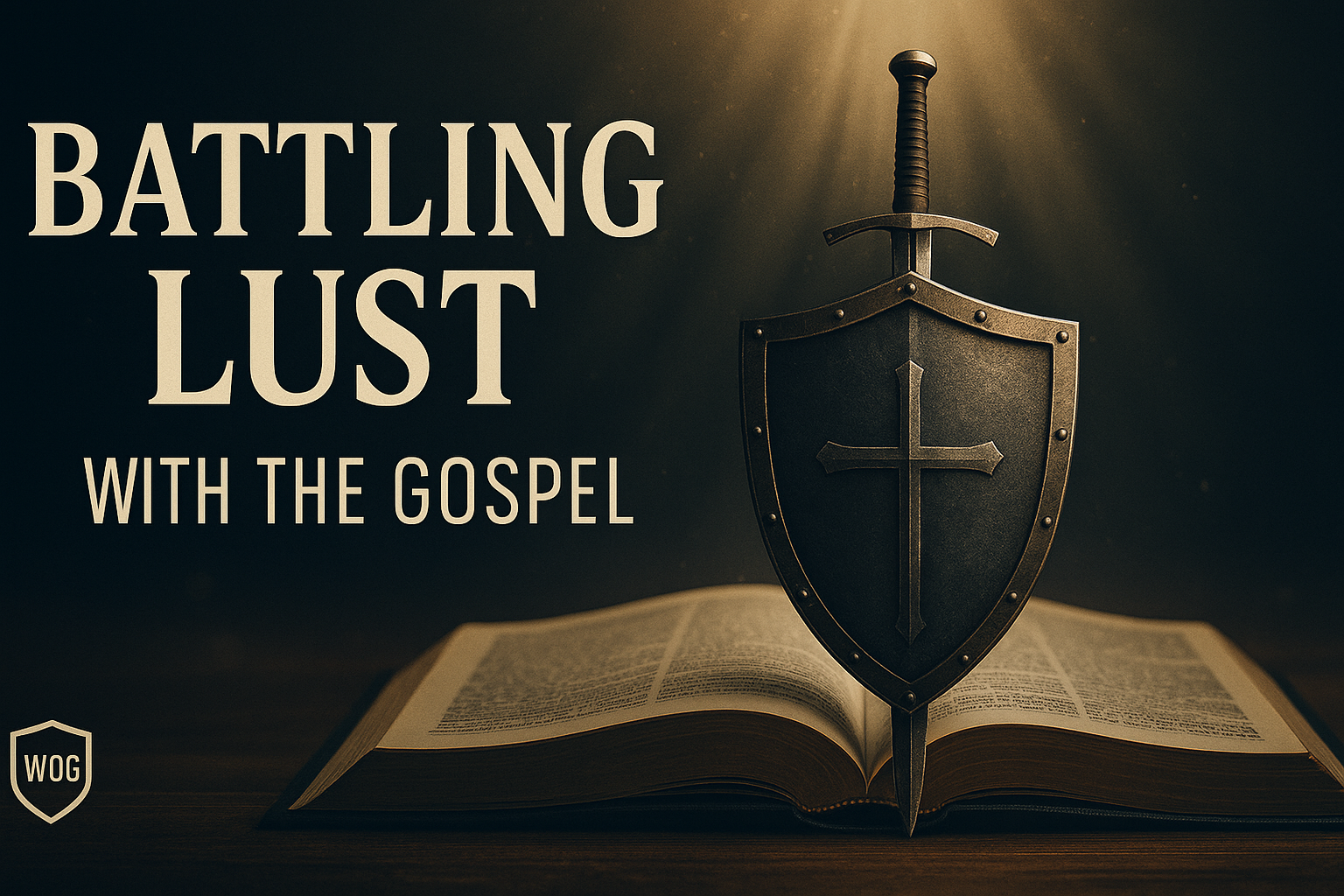 A shield and sword placed over an open Bible, symbolizing the fight for purity and holiness through the gospel.