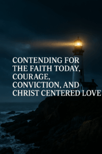 A lighthouse shining on a rocky shore during a storm, symbolizing Christians standing firm and guiding others with God’s truth.