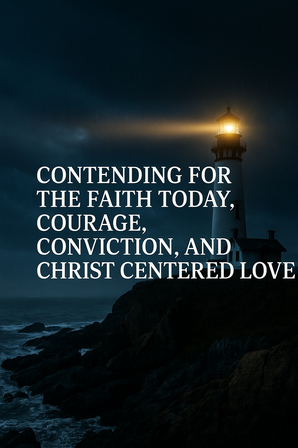 A lighthouse shining on a rocky shore during a storm, symbolizing Christians standing firm and guiding others with God’s truth.