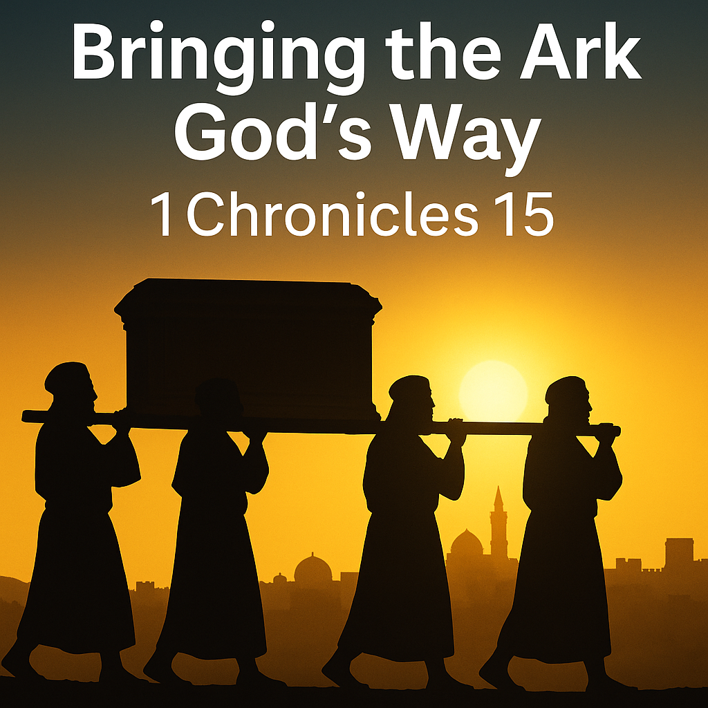Silhouetted Levites carrying the ark by poles toward Jerusalem, symbolizing reverent, obedient worship