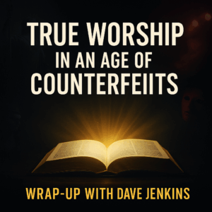 An open Bible glowing with radiant light against a dark background, exposing shadowy counterfeits in the corners, symbolizing true worship shining in an age of counterfeits.