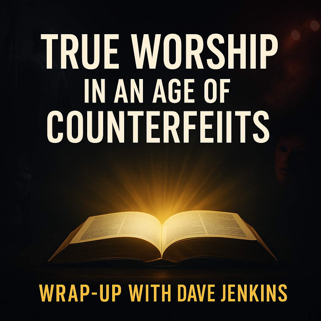 An open Bible glowing with radiant light against a dark background, exposing shadowy counterfeits in the corners, symbolizing true worship shining in an age of counterfeits.
