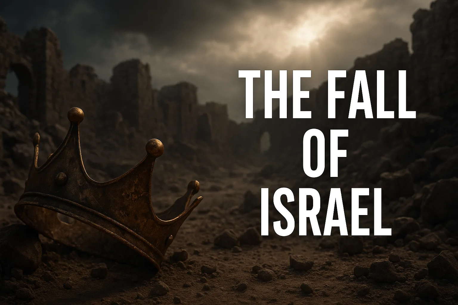 A broken golden crown lying in the dust before ruined stone walls, with light breaking through stormy clouds, symbolizing the fall of Samaria in 2 Kings 17 due to covenant-breaking and idolatry.