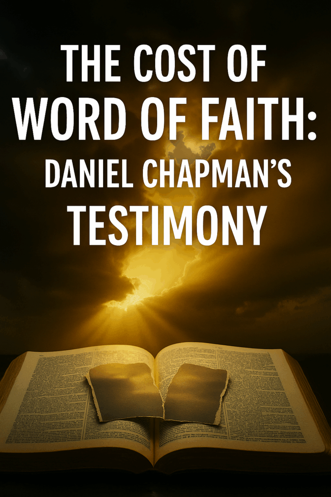 Stormy sky breaking with golden light shining on an open Bible with a torn family photo, overlaid with bold text “The Cost of Word of Faith: Daniel Chapman’s Testimony