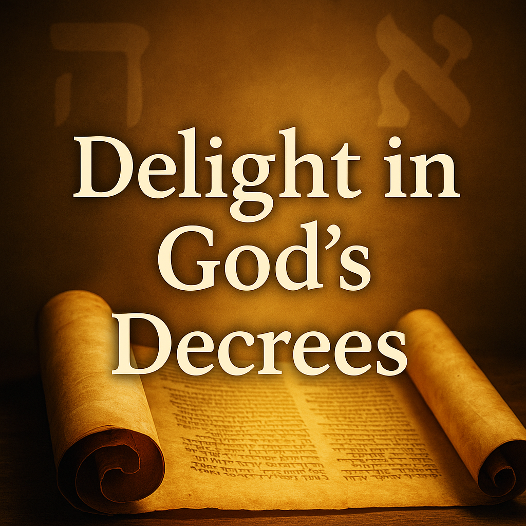 Open scroll glowing with golden light, with faint Hebrew letters He and Waw in the background, symbolizing delight in God’s decrees from Psalm 119:33–48.