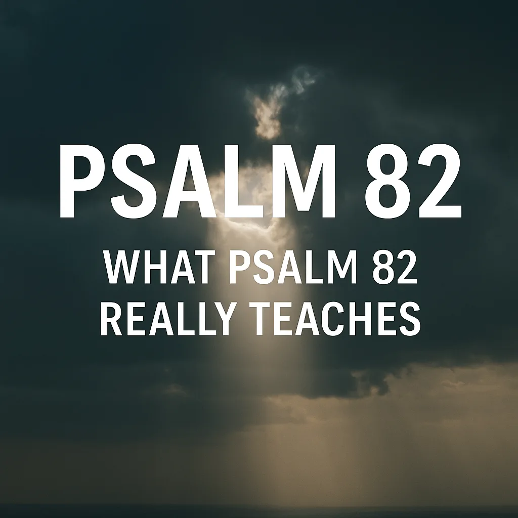 Open Bible with a magnifying glass highlighting the word “Elohim,” with overlay text reading “What Psalm 82 Really Teaches,” symbolizing careful study and interpretation of Psalm 82.