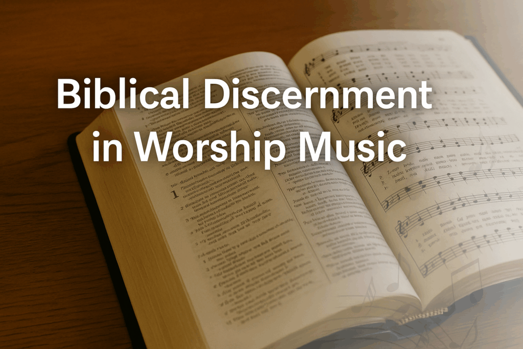 Open Bible with hymnal and music notes, with overlay text reading “Biblical Discernment in Worship Music,” symbolizing Scripture guiding worship in song.