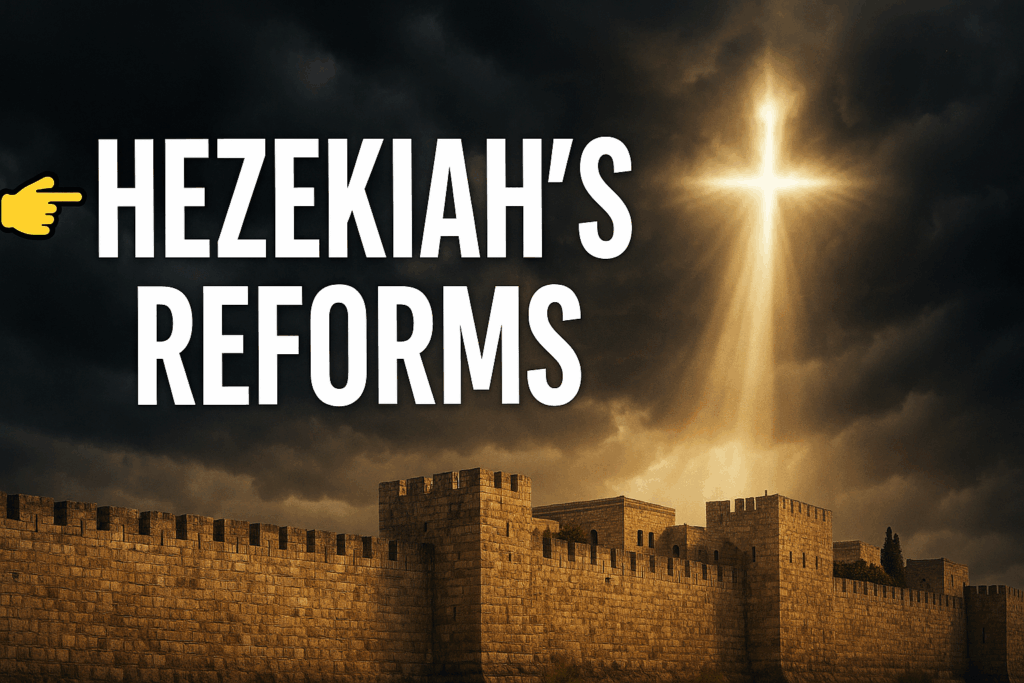 Stormy skies over Jerusalem’s walls with light breaking through, symbolizing Hezekiah’s trust in God during Assyria’s threat in 2 Kings 18.