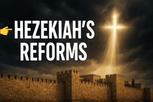 Stormy skies over Jerusalem’s walls with light breaking through, symbolizing Hezekiah’s trust in God during Assyria’s threat in 2 Kings 18.