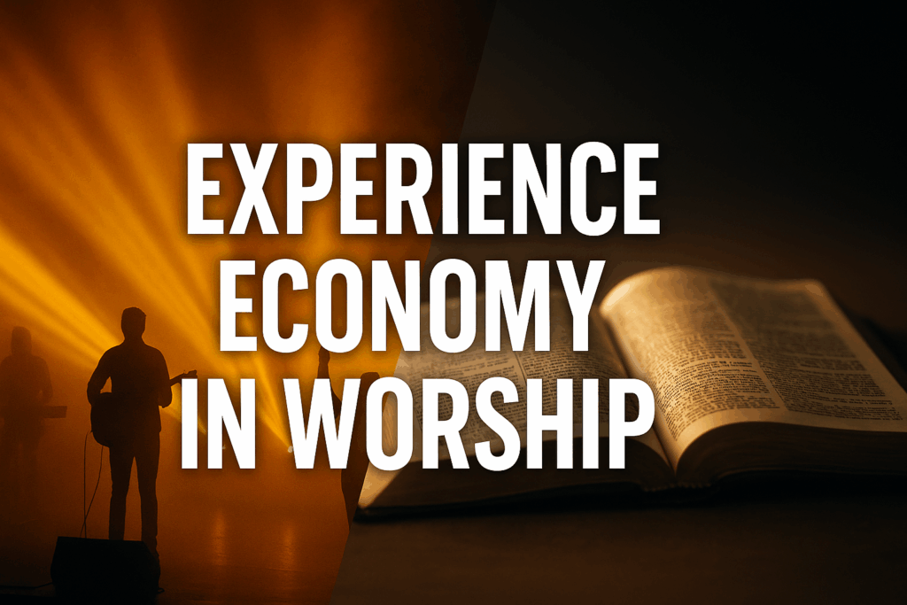 Concert stage with lights and fog fading into an open glowing Bible, symbolizing the contrast between experience-driven worship and true worship shaped by God’s Word.