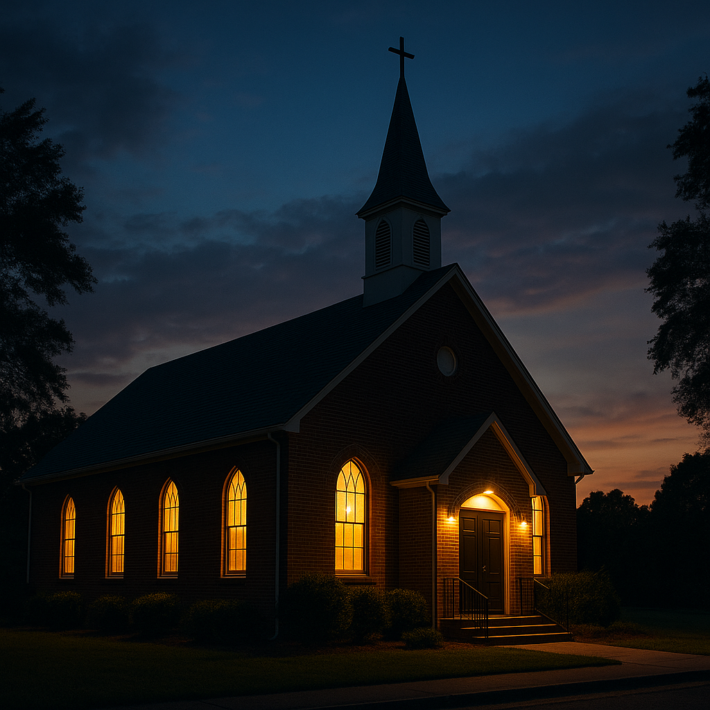 Light shining from church windows at dusk, symbolizing evangelism flowing from the local church.