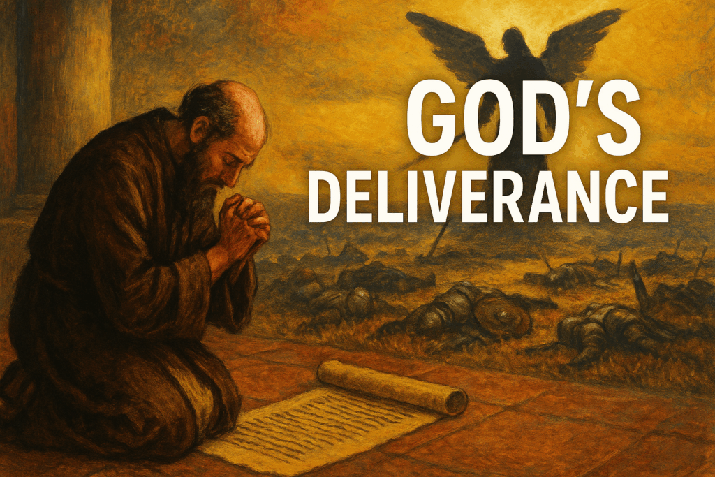 Hezekiah kneeling in prayer with a scroll before the Lord, angelic figure over a fallen Assyrian army, symbolizing God’s deliverance in 2 Kings 19.