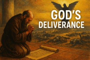 Hezekiah kneeling in prayer with a scroll before the Lord, angelic figure over a fallen Assyrian army, symbolizing God’s deliverance in 2 Kings 19.